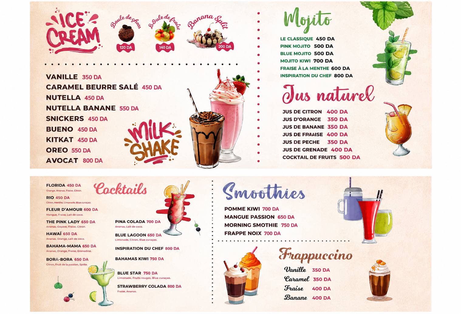 Affiche des boissons, cocktails, milkshakes et glaces de Melyza Tacos