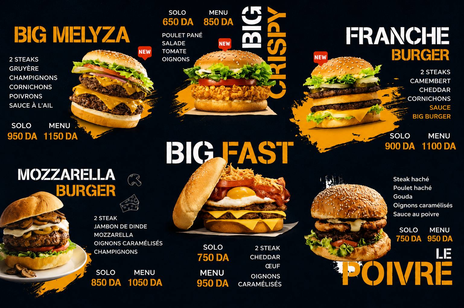 Affiche du menu des burgers de Melyza Tacos