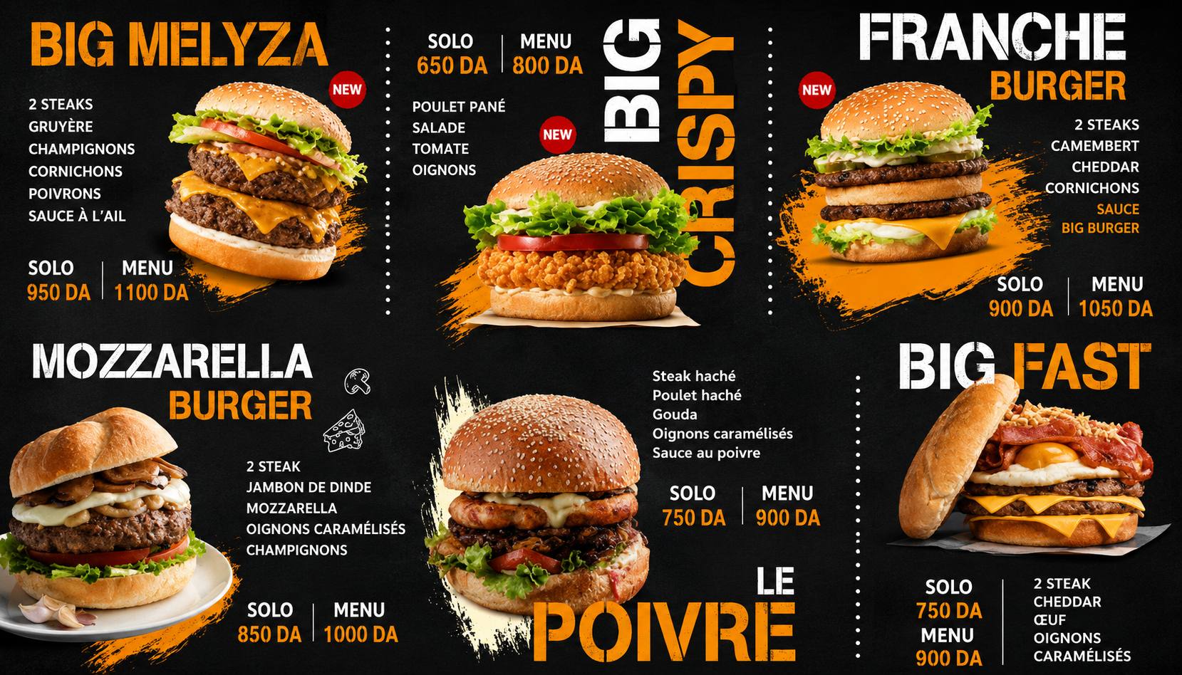 Affiche du menu des burgers de Melyza Tacos