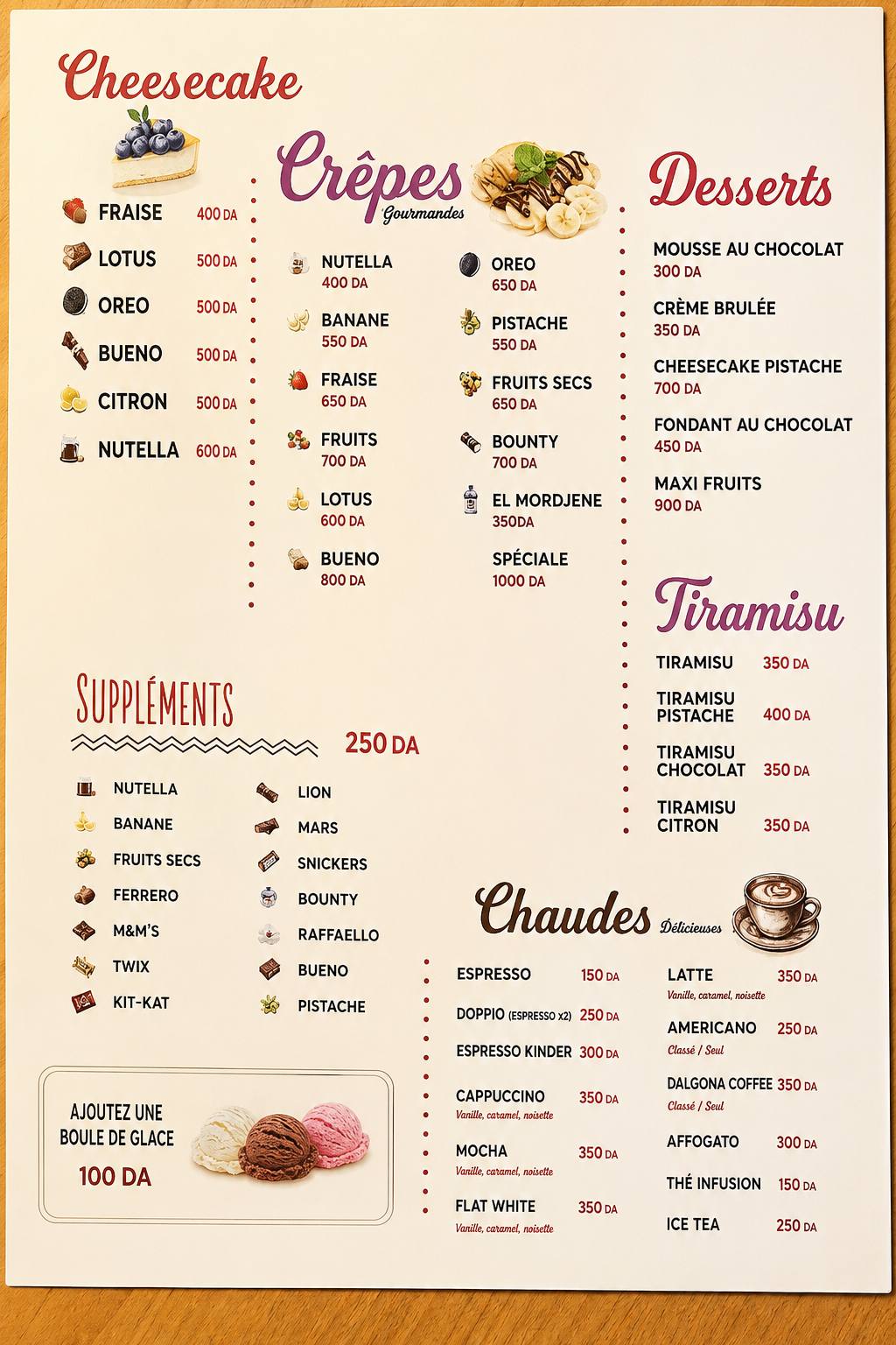 Affiche du menu des desserts de Melyza Tacos