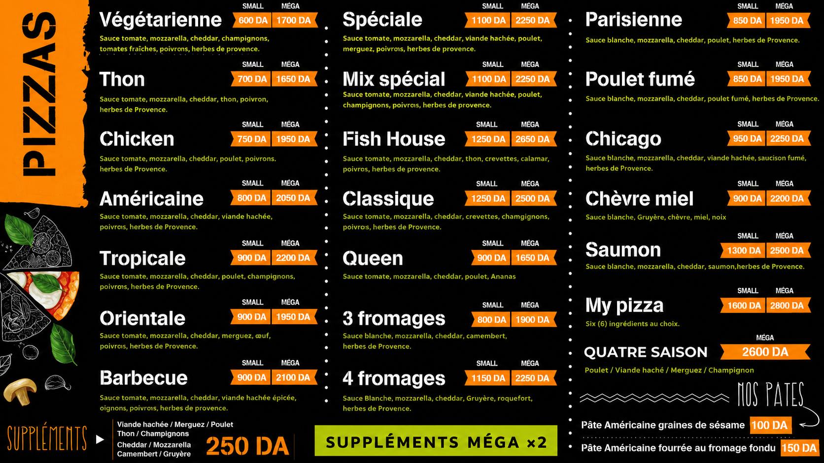 Affiche des pizzas de Melyza Tacos