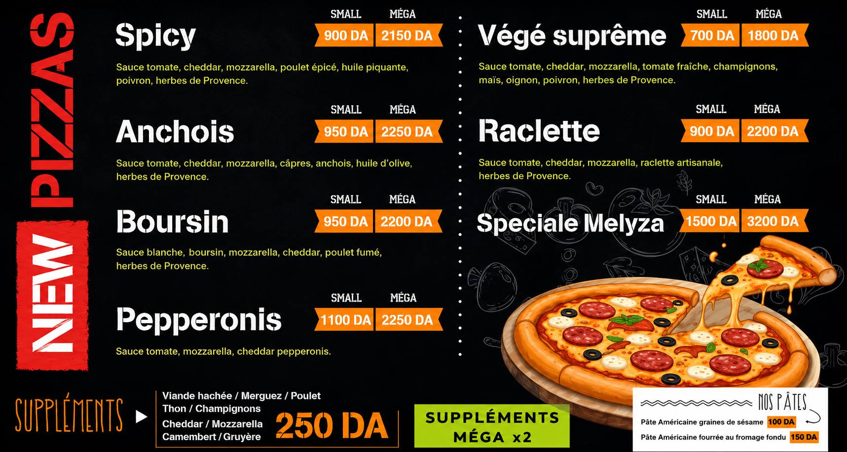 Affiche des nouvelles pizzas de Melyza Tacos