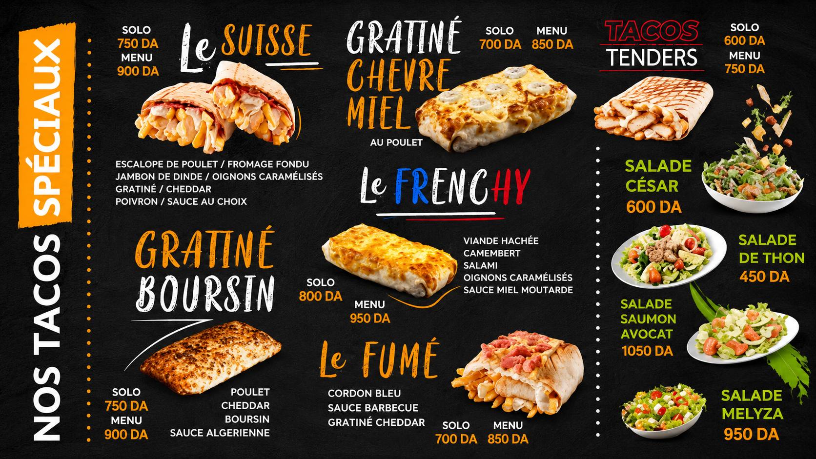 Affiche du menu des tacos spéciaux de Melyza Tacos